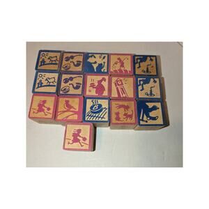Vintage Lot 16 Mother Goose Nursery Rhyme Large Wooden Blocks Like New